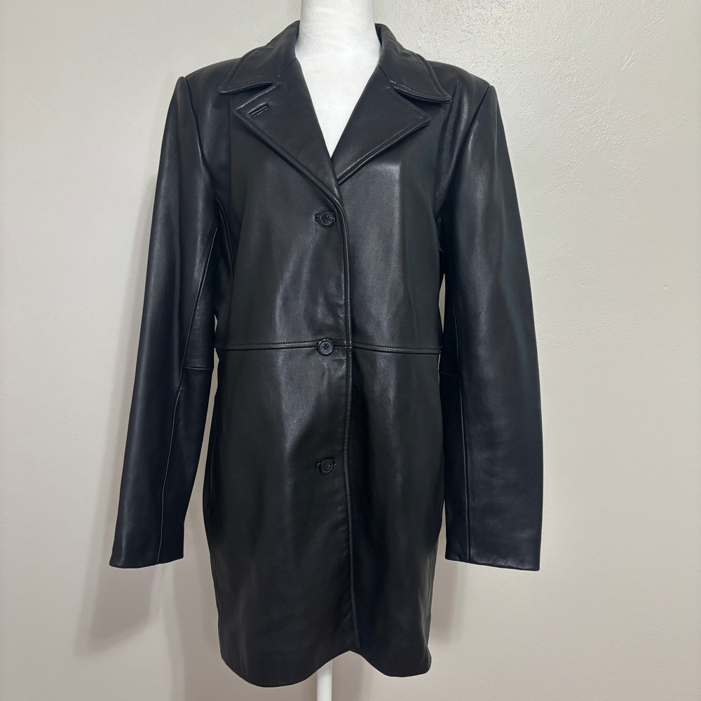 Alfani Leather Car Coat Black Button Front Mid Length Minimalist 90s Y2K L